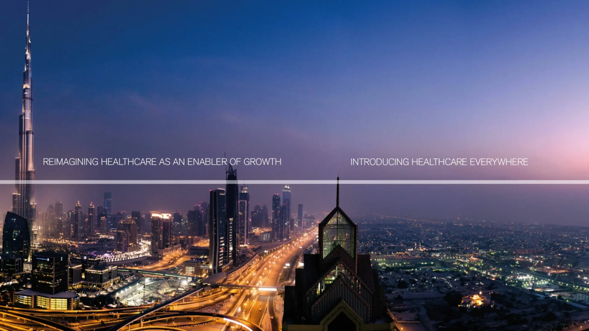 united healthcare global header image of a cityskyline with the text: reimagining healthcare as an enabler of growth, introducing healthcare everywhere.