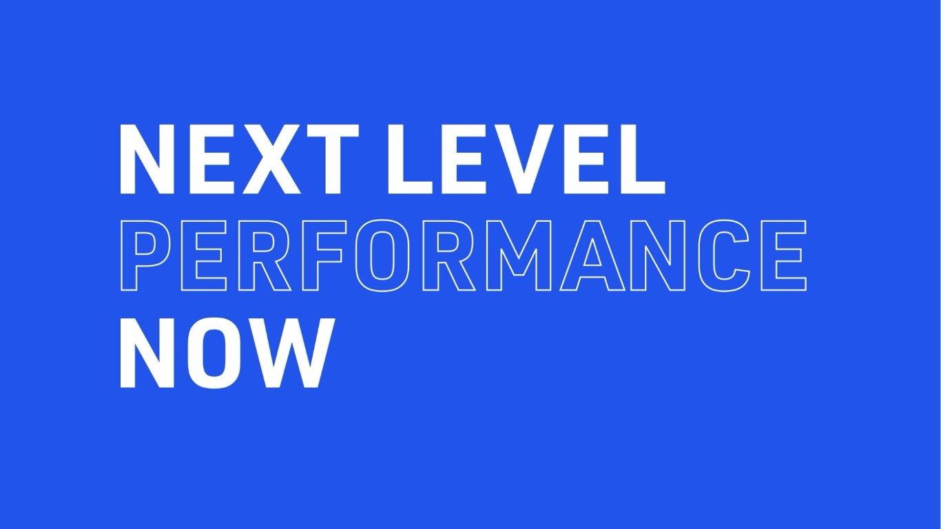 Cobalt blue background with text overlay 'Next level performance now text overlay'