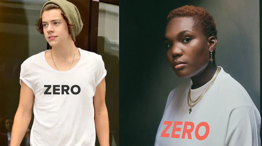two people wearing t-shirts which say zero