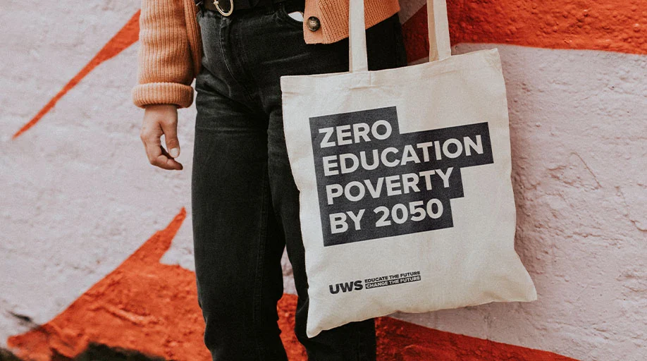 Tote bag showing text which says Zero education poverty by 2050